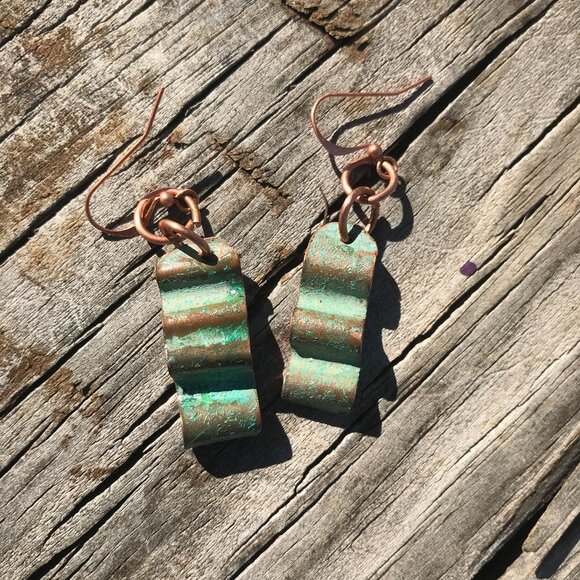 Solid Copper Patina Green Verdigris Earrings Drop Dangle Form Folded Brutalist - Picture 7 of 11